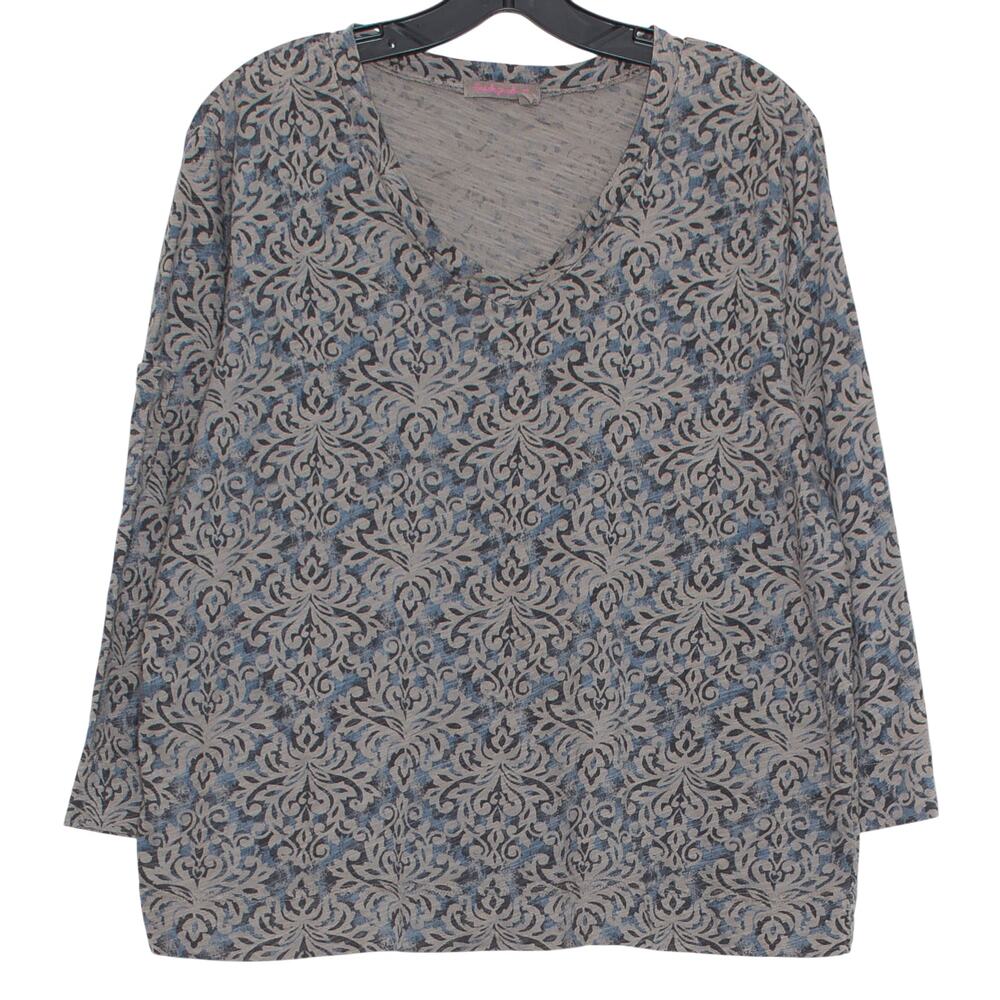 Fresh Produce Top XXL Plus Size Gray 3/4 Sleeve Boho Artsy Cottagecore Lagenlook